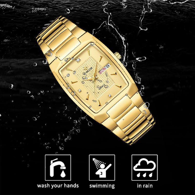 Relogio Masculino WWOOR 2022 Neue quadratische Uhr Herren mit automatischem Wochendatum Mann Quarz Armbanduhren Luxus Edelstahl Gold