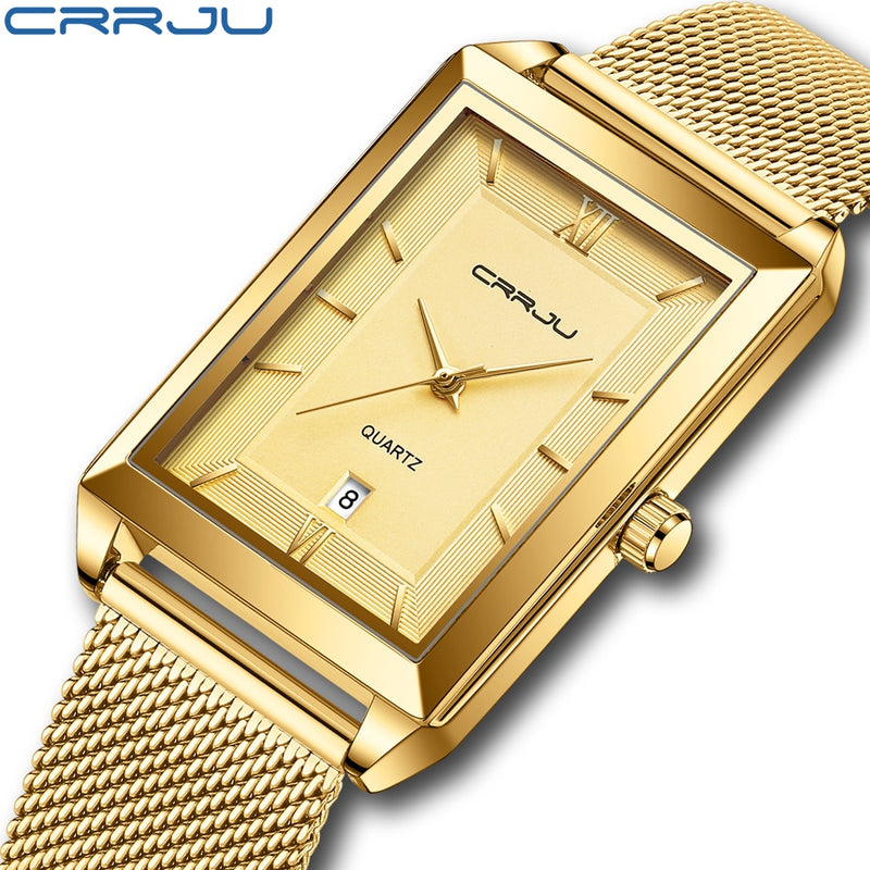 CRRJU Watch Men Top Brand Luxury Square Golden Quartz Stainless Steel Waterproof Wrist Watch Relogio Masculino