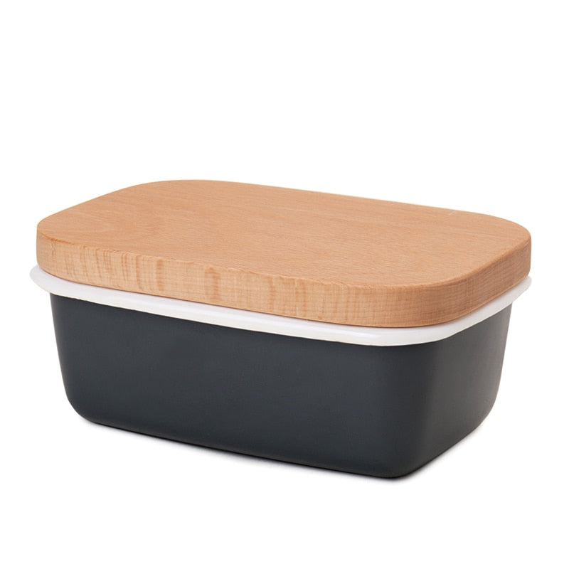 Caja de mantequilla Platos Esmalte Mantequilla Contenedor Platos Bandeja con tapa de madera Cubierta Negro Caja de almacenamiento blanca de alta calidad Alta calidad