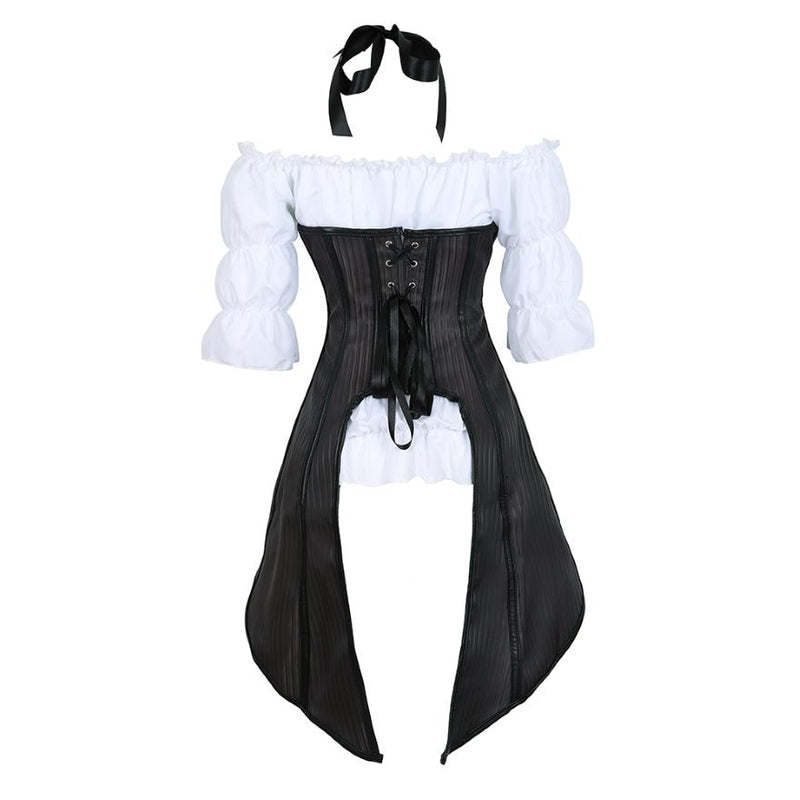 Steampunk Korsett Gestreifte Lange Träger Bustier Weste Top mit Weißer Gothic Bluse Plus Size Burlesque Kostüm Korsett