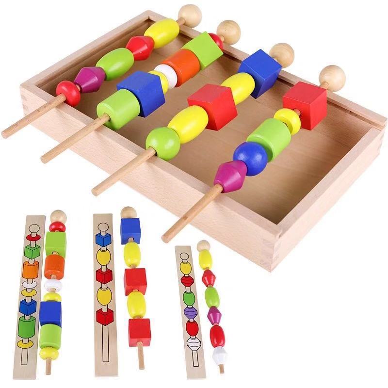 Wooden Colorful Shape Stick Bead Set Blocks Toys Children Educational Toys Montessori For Baby 2 Year Toys Gifts