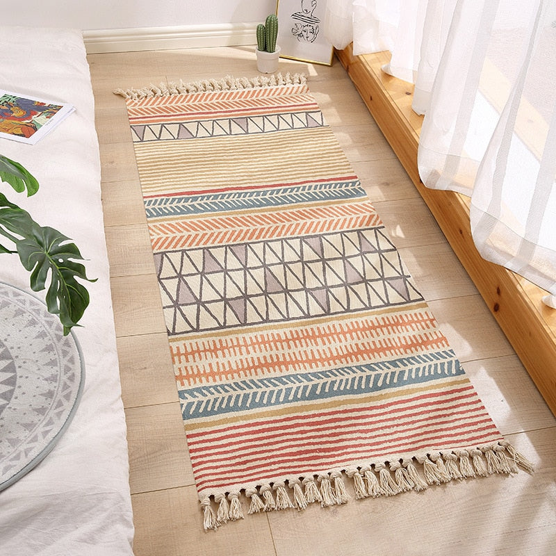 Luxury Bohemia Ethnic Style Cotton Linen Soft Carpet Handmade Tassel Rug Living Room Bedside Floor Mat Pad Home Boho Decoration