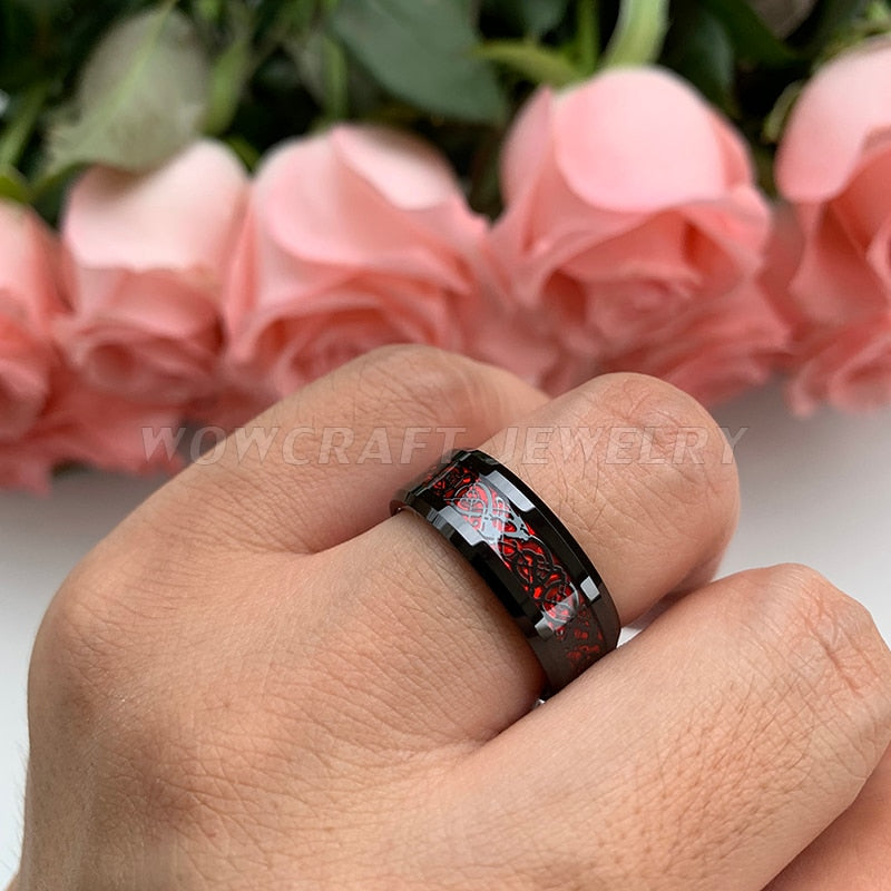 8mm Tungsten Wedding Band Rings for Men Women Gunmetal&amp;Black Plated Opal Dragon Inlay Beveled Edges Comfort Fit