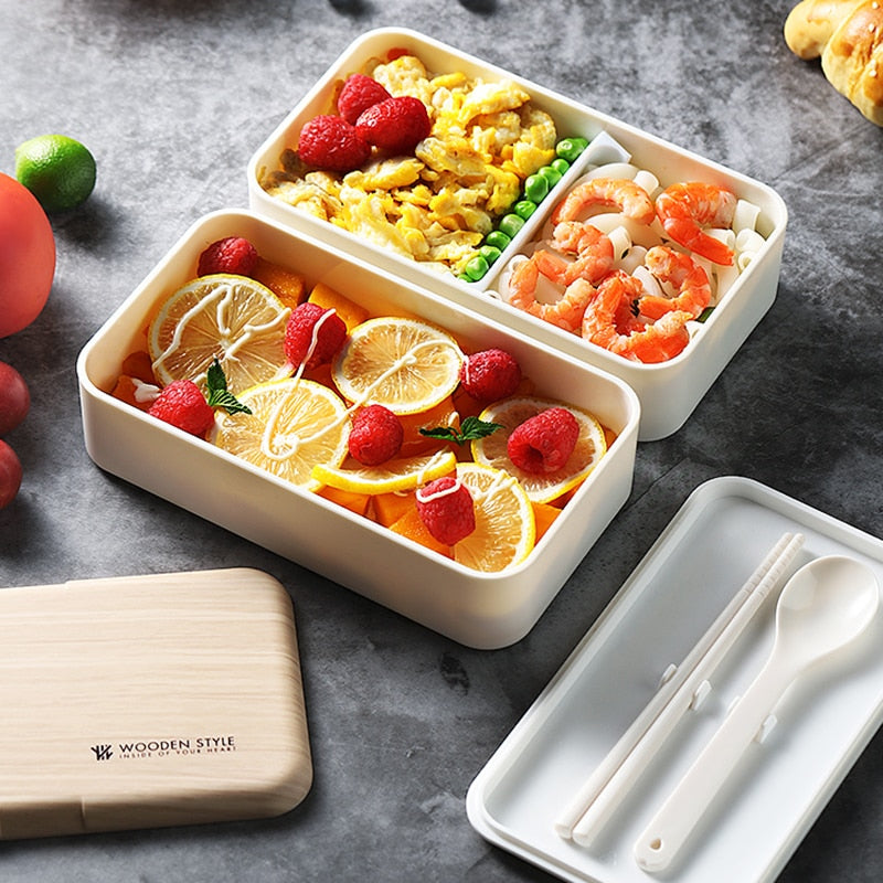 Microwave Double Layer Lunch Box Wooden Style Bento Box Portable Container Box BPA Free