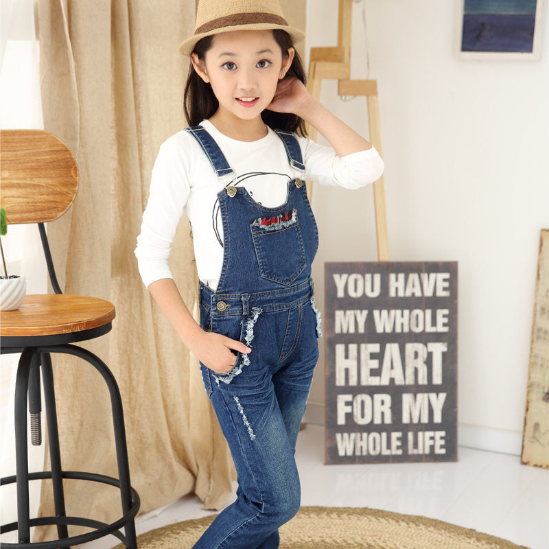 Kids Denim Overalls Jumpsuit for Girls Hole Ripped Jeans Pants Children Denim Bib Jumpsuit Teenage Jeans Suspender Trousers