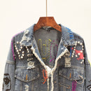 2022 Frühling Herbst Neue Frauen Street Fashion Graffiti Jeansjacke Weibliche Persönlichkeit Kurze Raw Cut Niet Jacke Fringe Jean Mantel