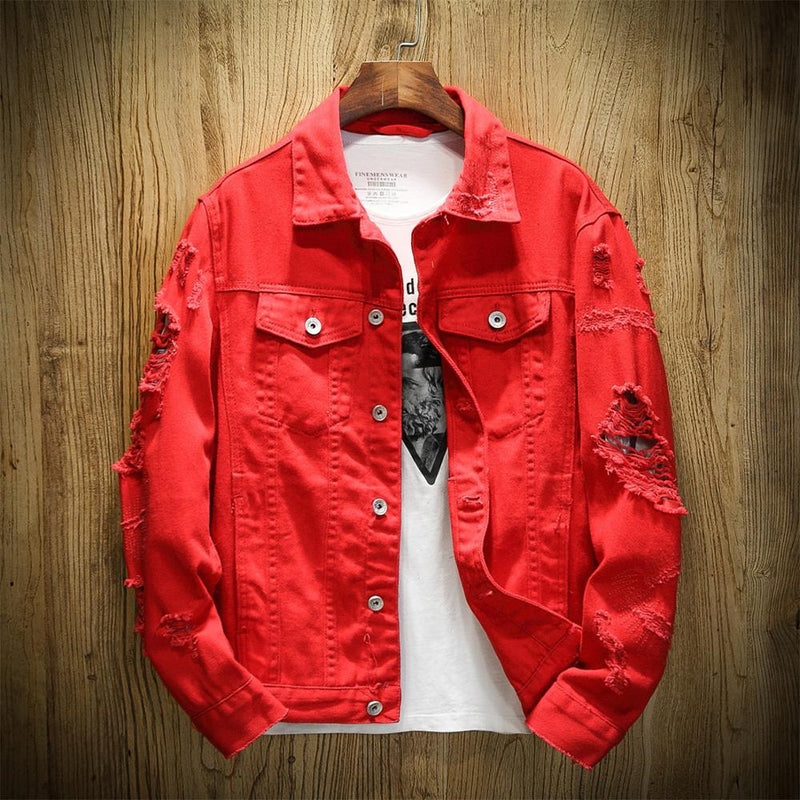 Frühling Herbst Neue Herren Jeansjacke Slim Fit Baumwolle Jeansjacke Rot Weiß Schwarz Zerrissenes Loch Jean Mäntel Herren Outwear Plus Größe