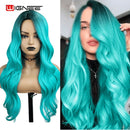 Wignee Synthetische Perücke mit rosa Haaren, lange gewellte Perücken, hitzebeständig, für Frauen, Alltag/Party, natürliche schwarze bis braune/lila/aschblonde Perücke