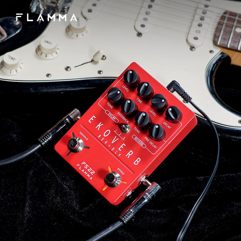 FLAMMA FS22 Ekoveb Dual Reverb Delay Pedal mit Freeze- und Trail-On-Funktion mit Netzteil