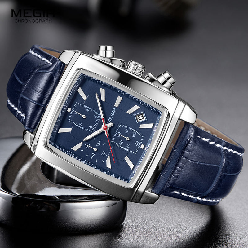 Megir Rechteck-Vorwahlknopf-Leder-Bügel-Uhr für Mann-beiläufigen blauen Chronographenquarzuhren Mann-Armbanduhr montre reloj Uhren