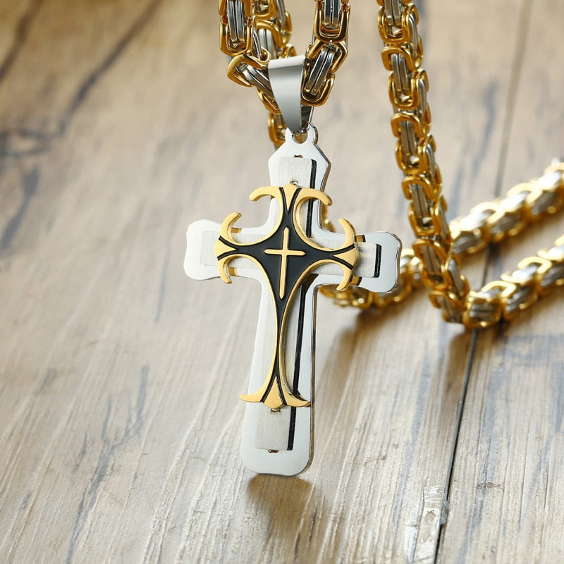 Vnox Cross Necklace For Men Byzantine Gold Color Stainless Steel Chain Catholic Crucifix Pendant Male Punk Rock Ornaments