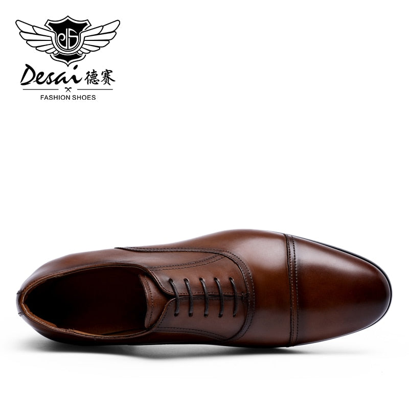 Zapatos de vestir para hombre de negocios de cuero genuino de grano completo marca DESAI zapatos Oxford de charol Retro para hombre talla europea 38-47