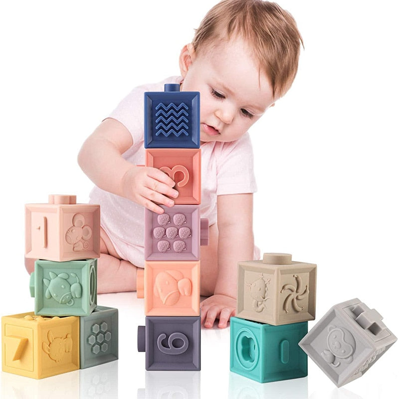 Silicone Build Block Baby Teether Toys For Babies From 0 12 Months Kids Stacking Toy Soft Building Block Cube For Boy 1 Year Old