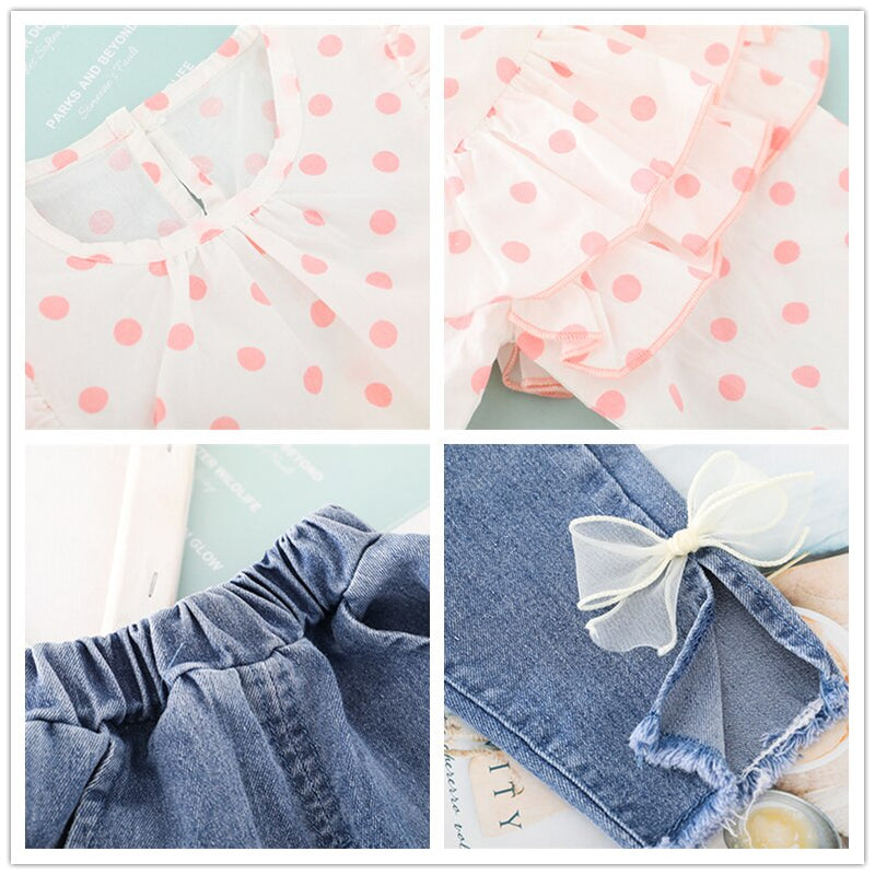 Spring Autumn Baby Girls Clothing Sets Kids Princess Clothes Lace Polka Dot Tops Bow-knot Jeans Toddler Infant Child Costume