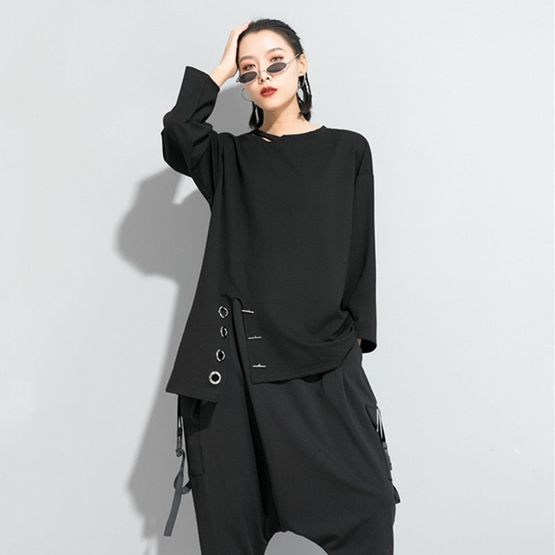 Irregular Split Black Vintage Oversized T-Shirt Women Top Loose Casual Long Sleeve T Shirt Fashion Clothing Spring Autumn 2022
