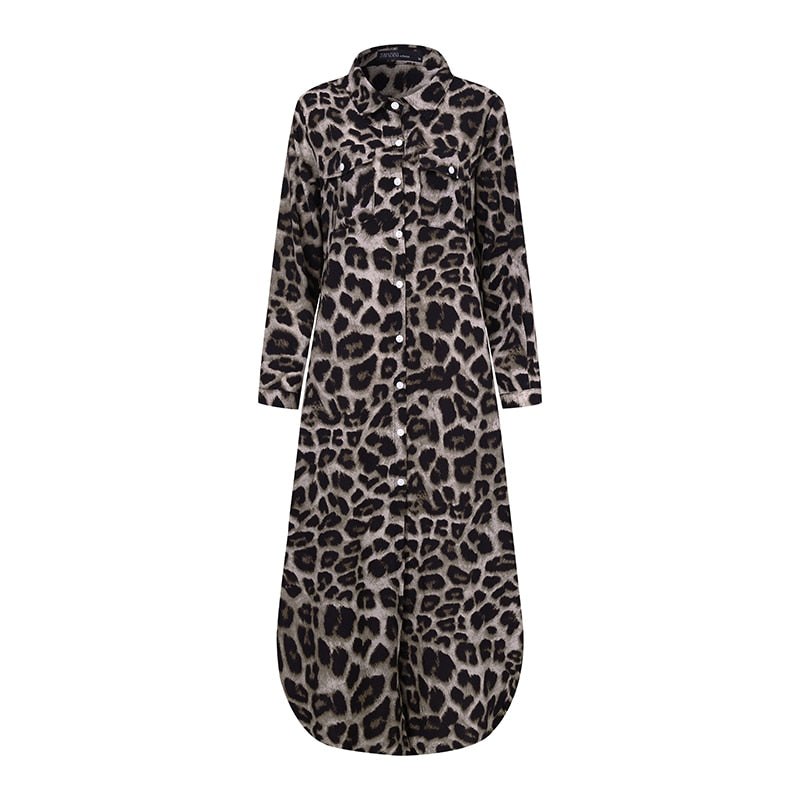 ZANZEA Party Holiday Longue Robe Damen Herbst Mode Hemdkleid Casual Vintage Leopard Kleider Damen Revers Lange Vestidos