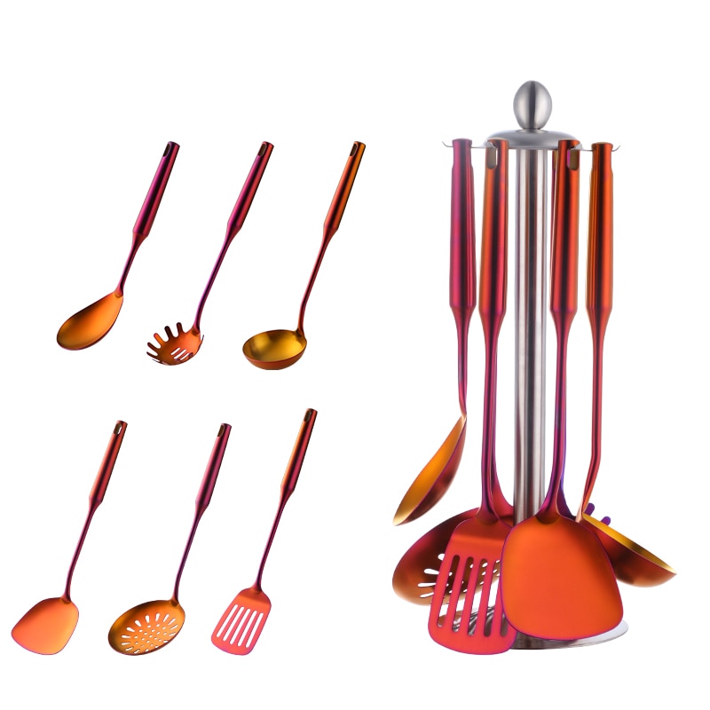 Juego de utensilios de cocina de acero inoxidable de 1/7 Uds., herramientas de cocina de mango largo, tornero ranurado de pulido mate, accesorios de cocina dorados, utensilio