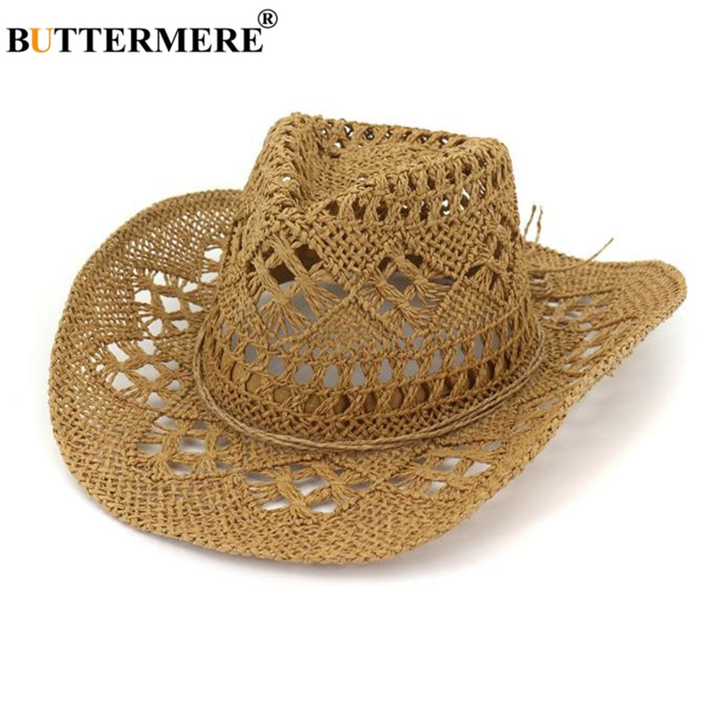 BUTTERMERE Straw Summer Hat Womens Sun Hat Hand Knitting Western Cowboy Cowgirl Hat Hollow Out Khaki Women Men Unisex Sunhat