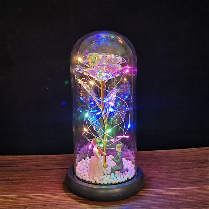 LED Enchanted Galaxy Rose Ewige 24 Karat Goldfolie Blume mit Lichterketten in Kuppel für Heimdekoration Weihnachten Valentinstagsgeschenk