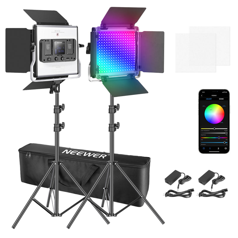 Neewer 2 paquetes de luz LED 660 RGB con control de aplicación, kit de iluminación para fotografía y video con soportes y bolsa