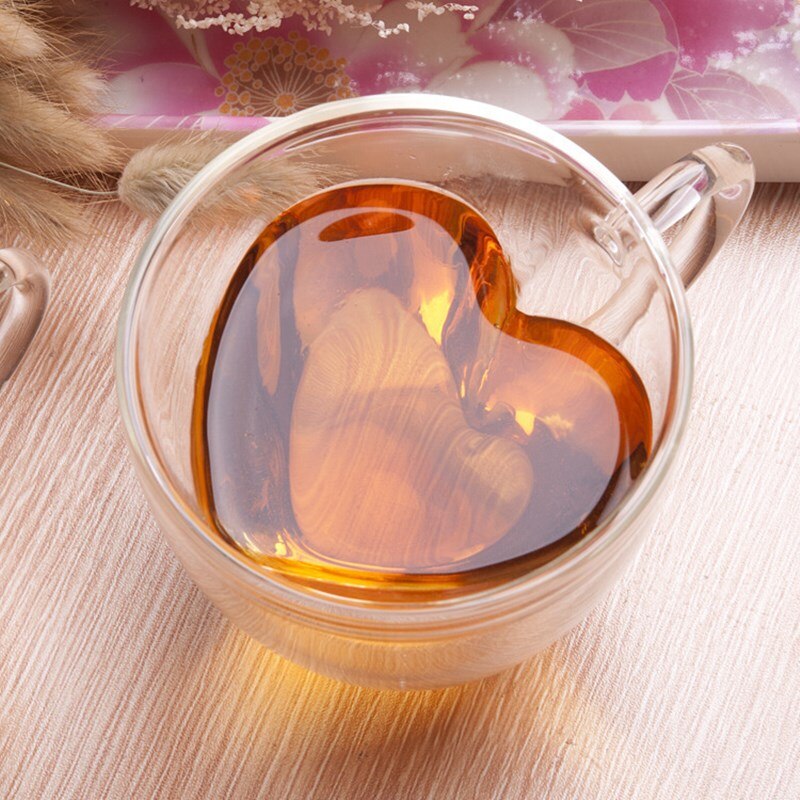 Vaso creativo de doble pared en forma de corazón, transparente, resistente al calor, con asa, vaso para beber jugo, café, té, vasos