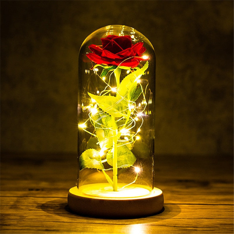 LED Enchanted Galaxy Rose Eternal 24K Gold Foil Flower con cadena de luces en cúpula para decoración del hogar Navidad regalo del Día de San Valentín