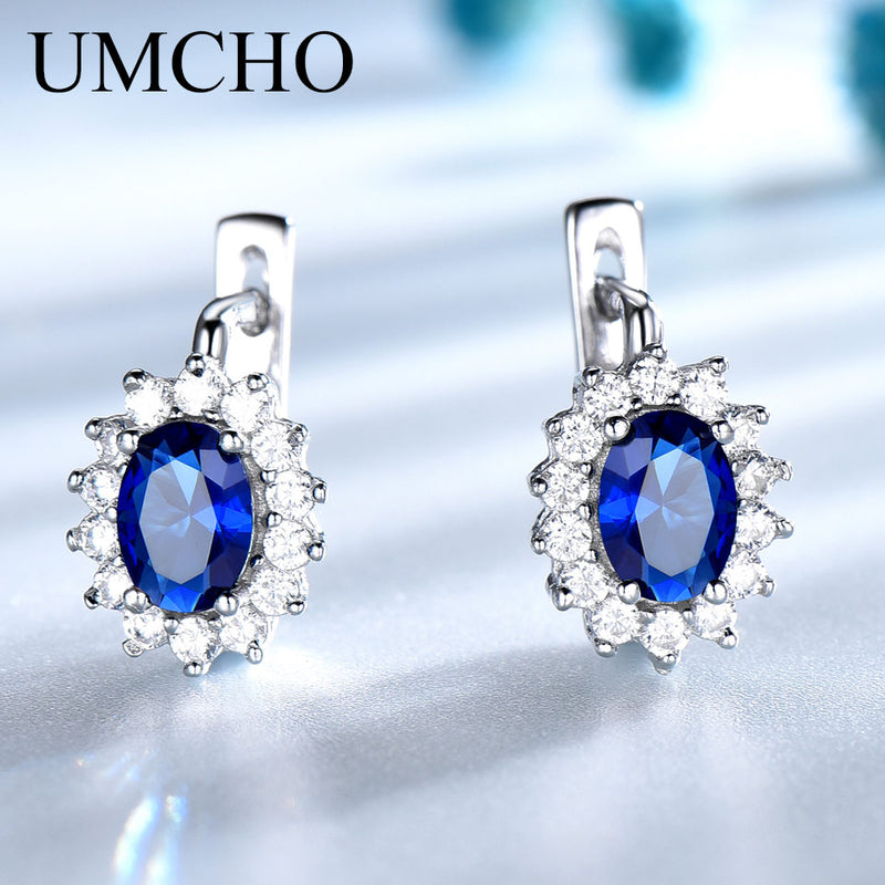 UMCHO Solid 925 Sterling Silver Gemstone Clip Earrings for Women Blue Sapphire Fine Jewelry Wedding Engagement Valentine&