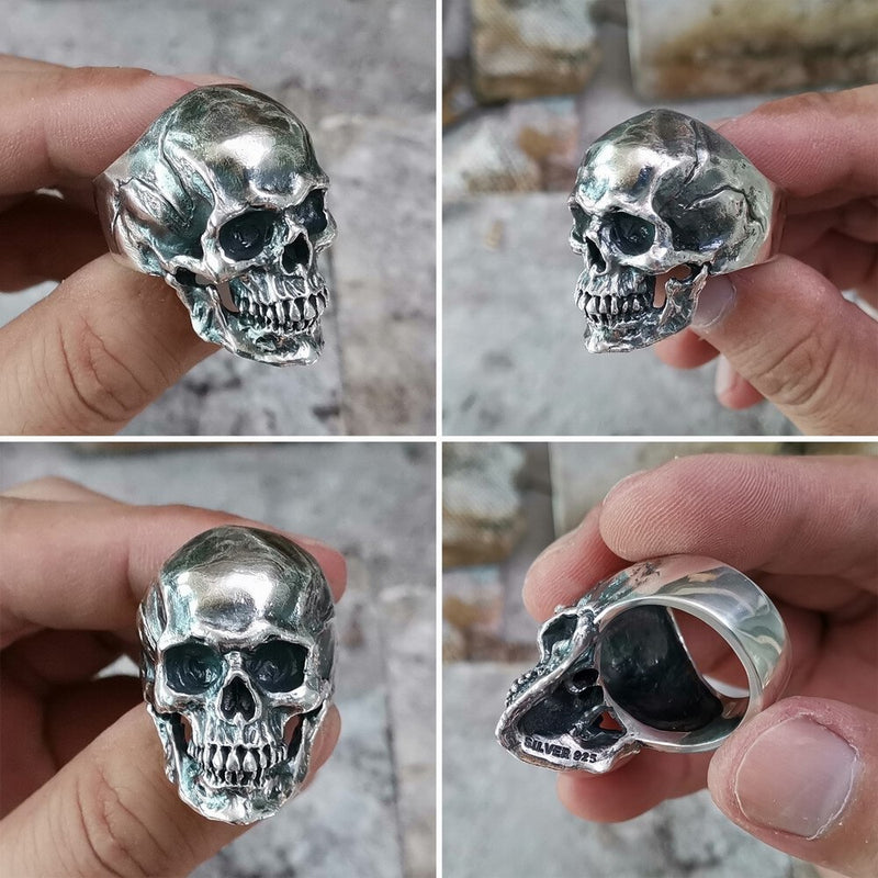 LINSION 925 Sterling Silver High Detail skull rings for men Biker Punk Ring TA50 US Size 7~15