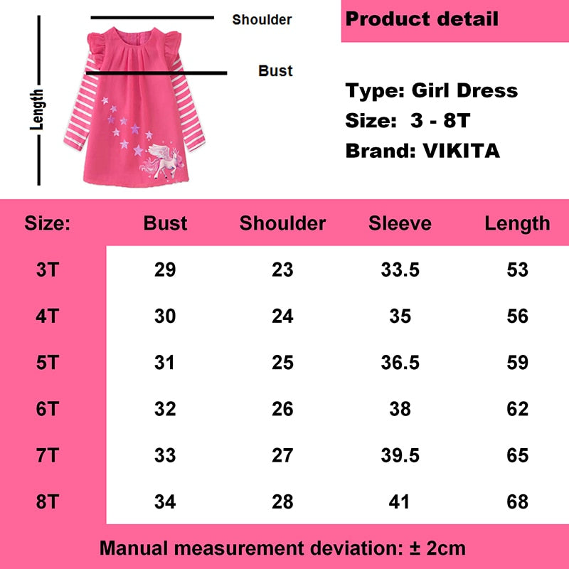 VIKITA Girls Striped Dress Kids Unicorn Dresses for Girl Clothes Toddlers Casual Cotton Dress Kids Autumn Long Sleeve Vestidos