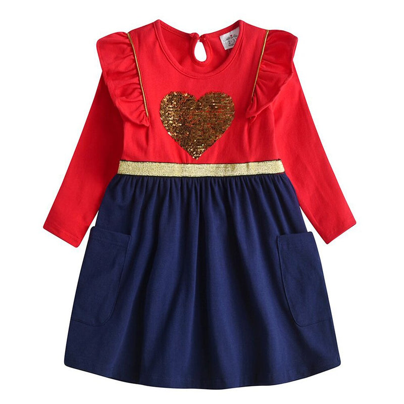 VIKITA Girls Cotton Dress Kids Cartoon Appliqued Vestidos Children Casual Wear Clothes Girls Long Sleeve Patchwork Dresses