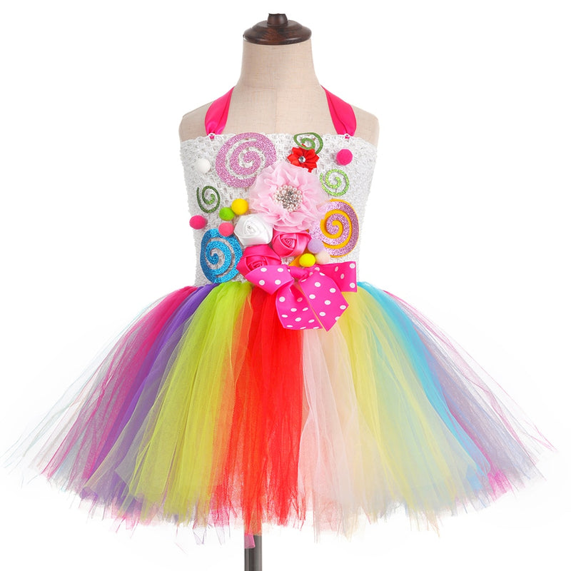 Dulce Arco Iris caramelo tutú vestido para niñas Halloween cumpleaños fiesta ropa niños flores arco piruleta caramelo disfraz con diadema
