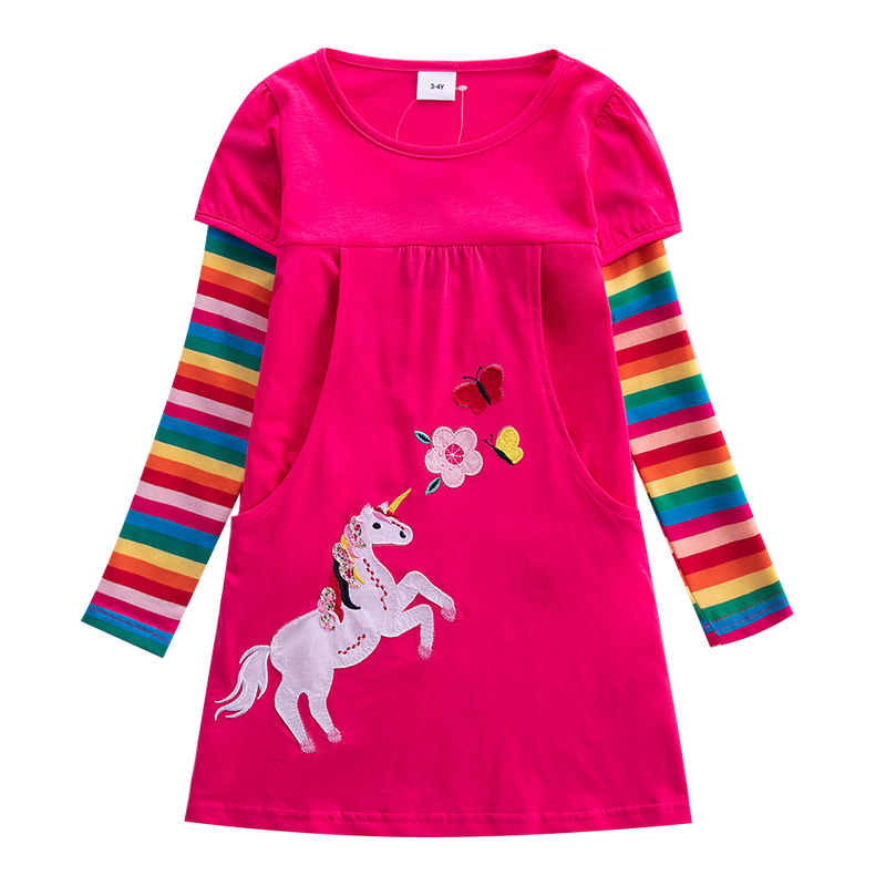 Girls Long Sleeve Star Embroidered Dress Girls Autumn New Style Two Pocket Rainbow Striped Sleeve Cotton Dress LH5809