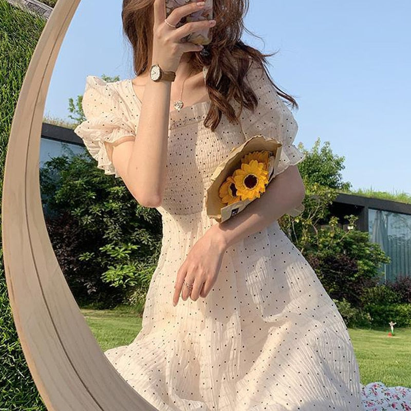 2021 Summer Floral Design Sweet Dress Short Sleeve Chiffon Elegant Dress Korean Style Square Collar Party Dress for Female Dot