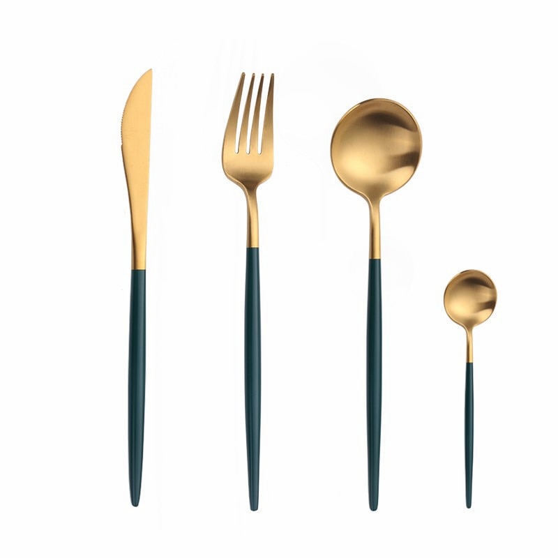 4 Stücke Edelstahl Grün Gold Besteck Essstäbchen Buttermesser Dessertlöffel Abendessen Gabel Teelöffel Geschirr Set