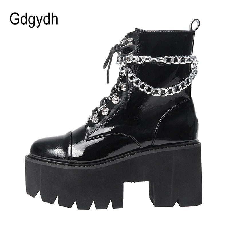 Gdgydh, botas negras góticas de charol para mujer, botas de plataforma de tacón grueso con cadena Sexy para mujer, botines de estilo Punk con cremallera