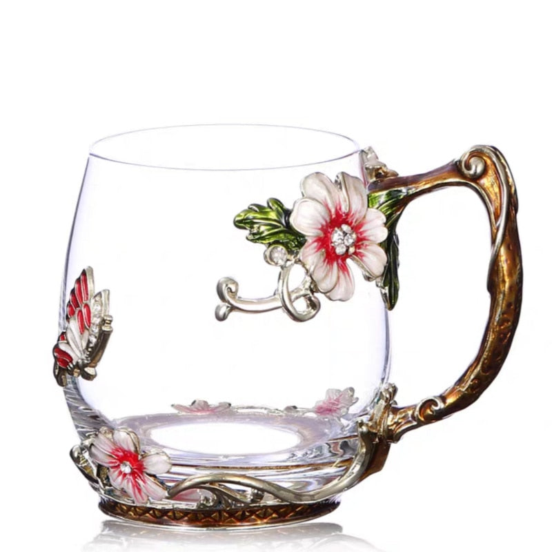 Taza de café esmaltada de belleza y novedad, tazas de cristal de té con flores para bebidas frías y calientes, juego de cuchara y taza de té, regalo de boda perfecto