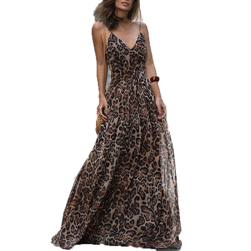 Vintage Leopard Print Long Women Dress Sexy V-Neck Spaghetti Strap Floor-Length Maxi Female Party Dresses W844