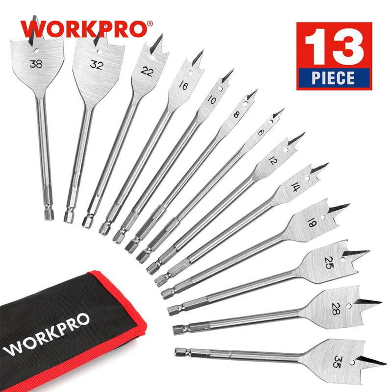 WORKPRO 13-Piece Spade Drill Bit Set in Metric Paddle Flat Bits for Woodworking,Nylon Storage Pouch Included