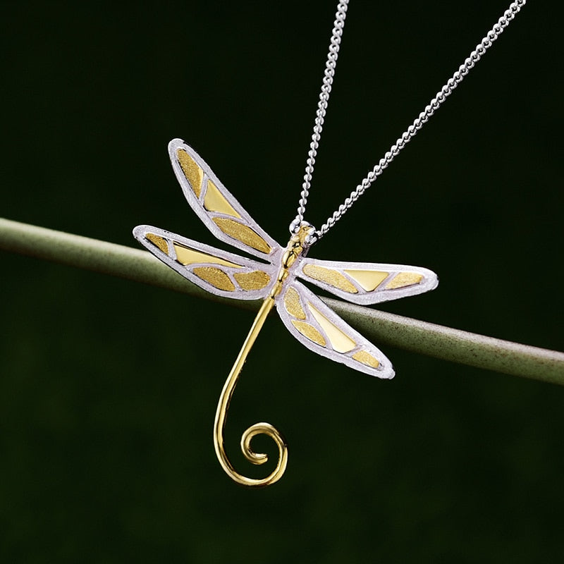 Lotus Fun Real 925 Sterling Silver Natural Handmade Fine Jewelry 18K Gold Cute Dragonfly Pendant without Necklace for Women Gift