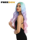 Pelucas de encaje sintético FREEDOM, pelucas de pelo largo ondulado Natural de 30 pulgadas, Color azul degradado del arco iris, pelucas de pelo rosa, pelucas de Cosplay de fibra resistente al calor