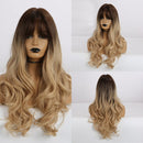 Peluca sintética GEMMA de largo ondulado marrón oscuro con reflejos dorados para mujeres negras, peluca de Cosplay afroamericana con flequillo resistente al calor