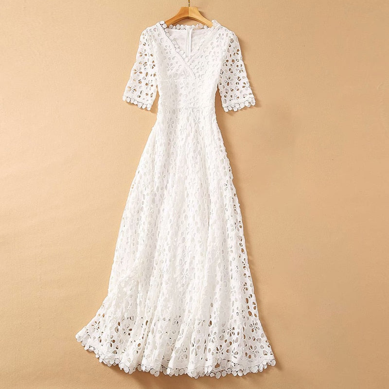 VGH Elegant White Maxi Dress For Women V Neck Half Sleeve High Waist Hollow Out Slim Dresses Women 2022 Spring New Style Fashion