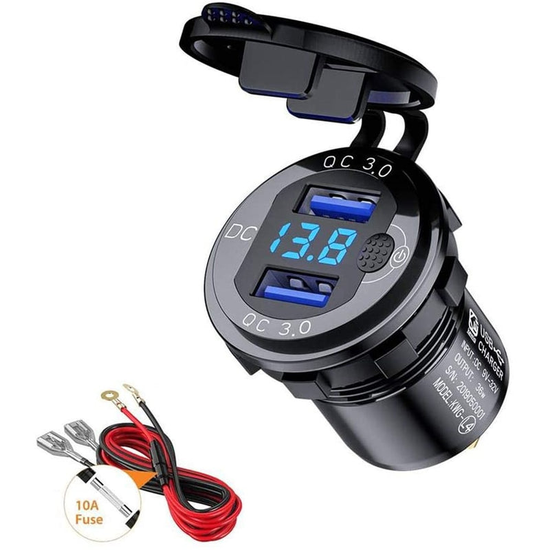 Carga rápida 3,0 36W cargador USB Dual para coche QC3.0 resistente al agua con interruptor de voltímetro para motocicleta 12V/24V ATV barco marino RV