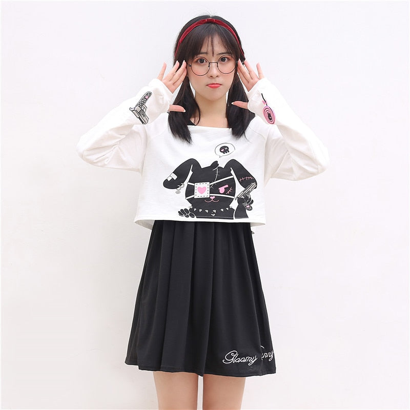 Schwarzes Comic-Kaninchen-Lolita-Kleid Teenager-Mädchen Lässiges süßes Kawaii-kurzes Kleid süßes Häschen-Druck-Langarmkleid 2021 Japanisch
