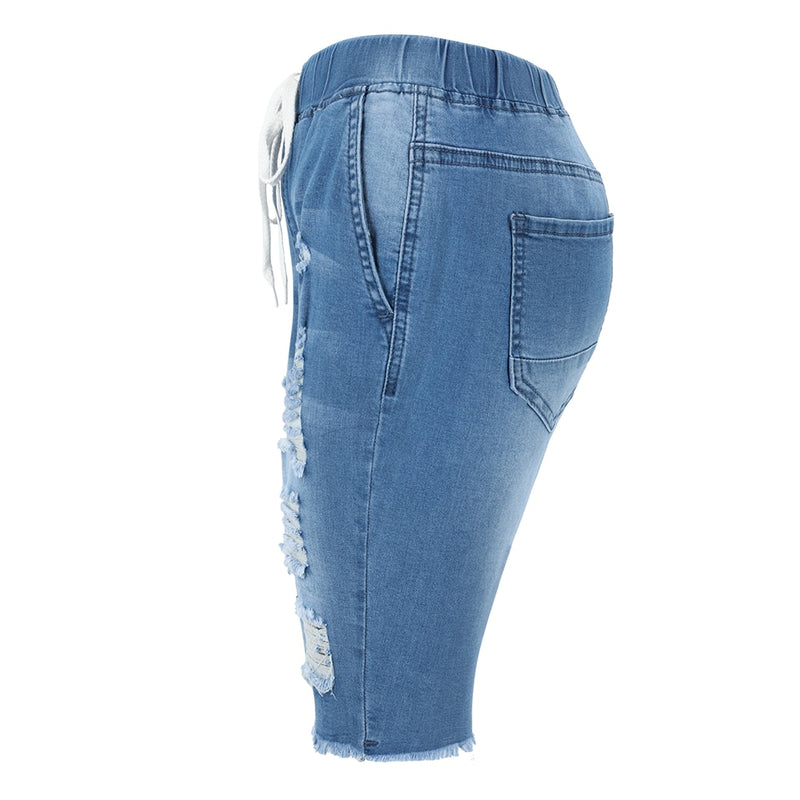 Summer Denim Ripped Bermuda Shorts Women Blue Drawstring Closure Distressed Knee Length Stretch Short Jeans