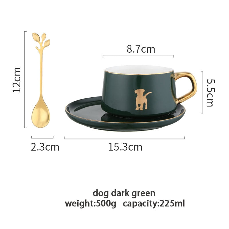 MDZF SWEETHOME 225 ml Tierische Kaffeetasse im nordischen Stil mit Tellerlöffel Goldgriff Frühstücksmilchsaftbecher Geschenk zum Geburtstag