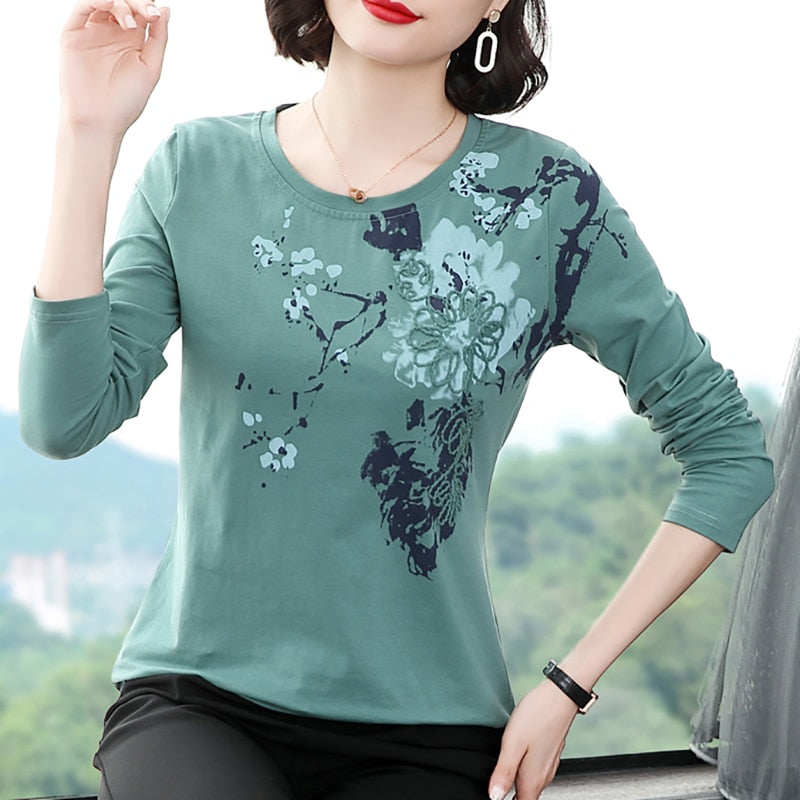 shintimes Floral Embroidery Long Sleeve T Shirt Women T-Shirt Fall 2022 Cotton Tshirt Fashion Womens Clothing Tee Shirt Femme