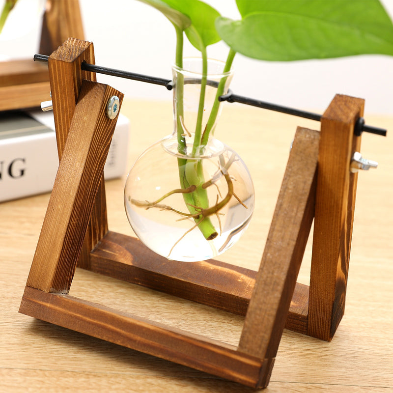 Vintage Propagation Station Glass Hydroponic Air Planter Bulb Terrarium Vase with Wooden Home Garden Office Decoration