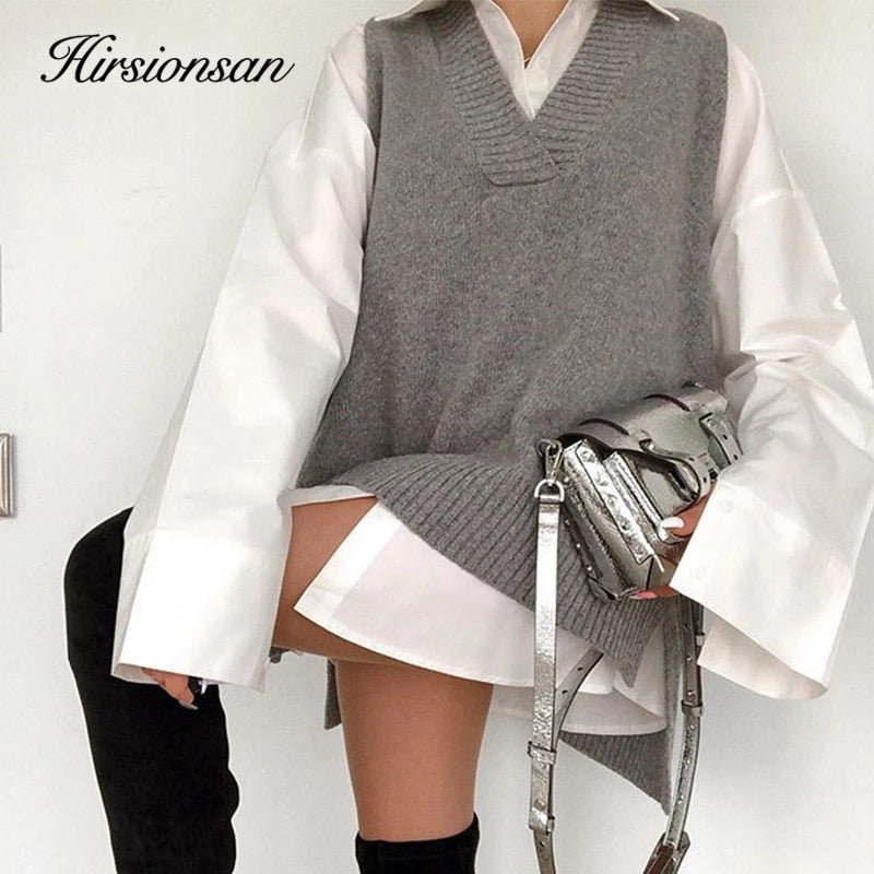 Hirsionsan, suéter de punto con cuello en V, chaleco para mujer, novedad de 2021, chaleco holgado de Cachemira coreano, jerséis, prendas de punto sin mangas sólidas para mujer