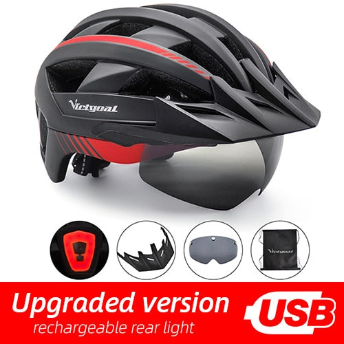 Victgoal casco de bicicleta LED montaña carretera USB recargable luz casco de ciclismo para hombre visera gafas hombres MTB bicicleta casco